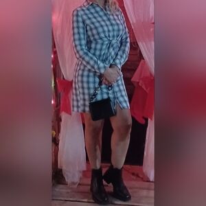 Calvin Klein Shirt Dress Black&White Plaid Button Front Tie Waist Collar Size 4